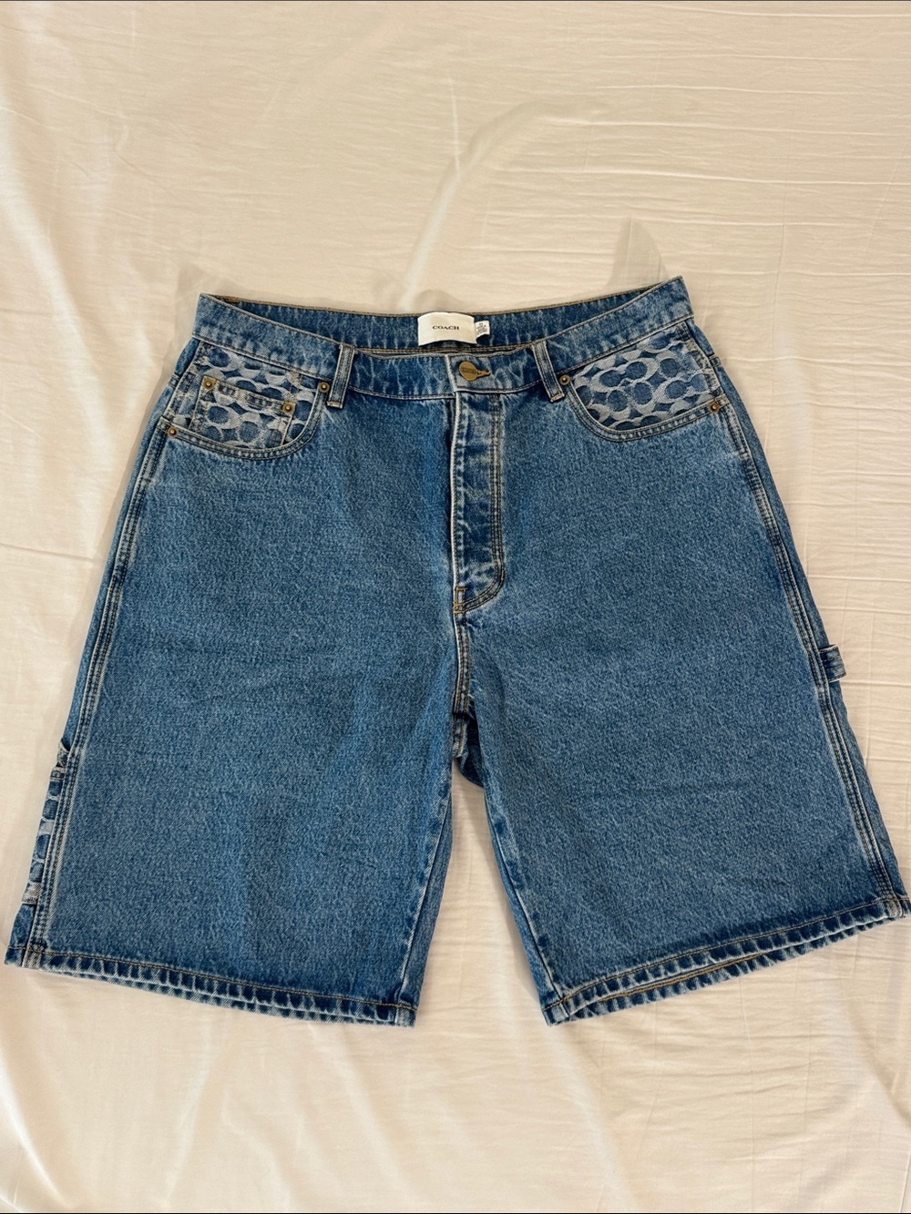 Coach Men's Medium Blue Denim Carpenter skater Shorts with Signature Pocket